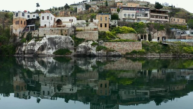 Halfeti town on the banks of the Euphrates.  Turkey. 4K
