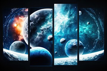 Planets, stars, and galaxies in a space background. Panorama. Panels of glass, seen from the side (skinali). Banner layout example. Generative AI