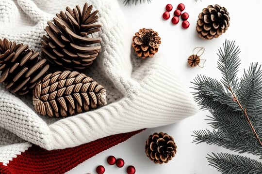 Yuletide music. Xmas decoration knitted blanket, pine cones, and fir branches on a white wooden background. Layout flat with copy space at the top. Generative AI