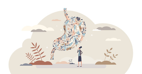 Gut health checkup and gastrointestinal tract diagnosis tiny person concept, transparent background. Digestion system radiology test and medical check by doctor illustration.