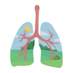 Drawn human lungs with beautiful landscape on white background