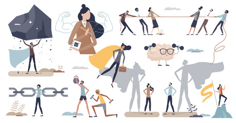 Strong people set with leaders mental power elements tiny person collection, transparent background. Successful female and businessman with confidence, ambition and bravery items illustration.