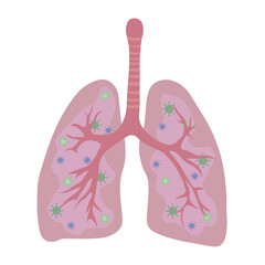 Drawn human lungs with viruses on white background