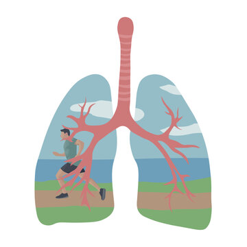 Drawn human lungs with running sporty man outdoors