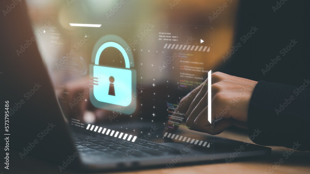 Poster businessman showing data access protection with key icon, cyber security ,protecting data from theft