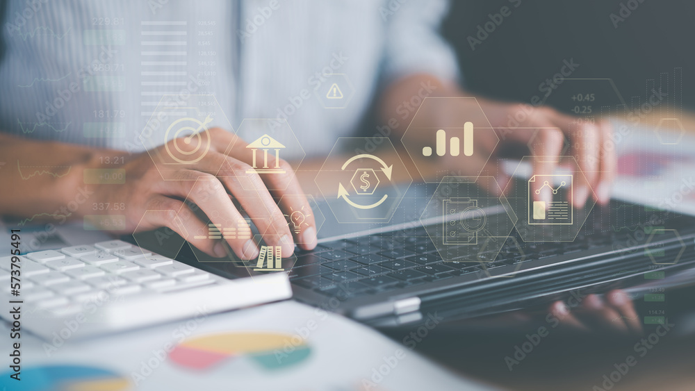 Poster Accountant calculating numbers in company financial documents with calculator, Analysis of company financial data, Planning to assess and review the budget ,concept of finance and investment