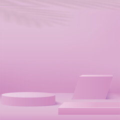 3d pink color podium and minimal pink color wall scene. 3d podium minimal abstract background. Pastel color abstract room design. Vector