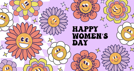 Seventies retro Flower Power background with hippie flowers. International Womens day. 8th March Day. Mothers day. Colorful pastel illustration in 70s 60s vintage style.