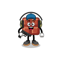 Character mascot of chocolate bar doing shooting range