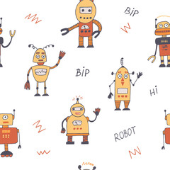 robot seamless pattern hand drawn in doodle style. cartoon character for kids room decor and clothes.