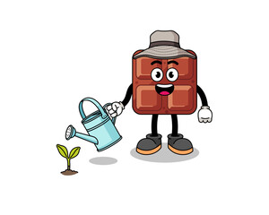 Illustration of chocolate bar cartoon watering the plant