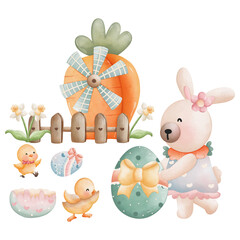 Watercolor Spring Easter Rabbit Animal, Easter Elements, Easter and Spring concept
