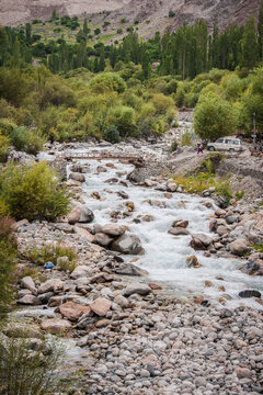 beautiful scene of the creek and  wooden Bridge in Turtuk village, Nubra valley, leh ladakh, India.
