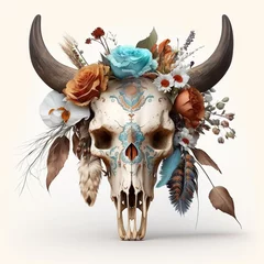 Fototapete Boho Old Western Cow Skull, Head with Many Beautiful Boho Feathers and Flowers - Generative AI