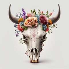 Old Western Cow Skull, Head with Many Beautiful Roses Flowers - Generative AI