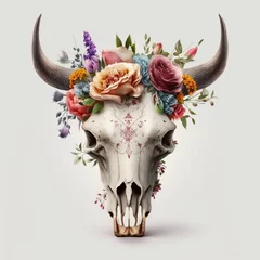 Papier Peint photo Boho Old Western Cow Skull, Head with Many Beautiful Roses Flowers - Generative AI