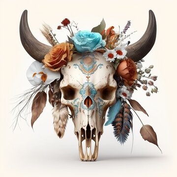Old Western Cow Skull, Head with Many Beautiful Boho Feathers and Flowers - Generative AI