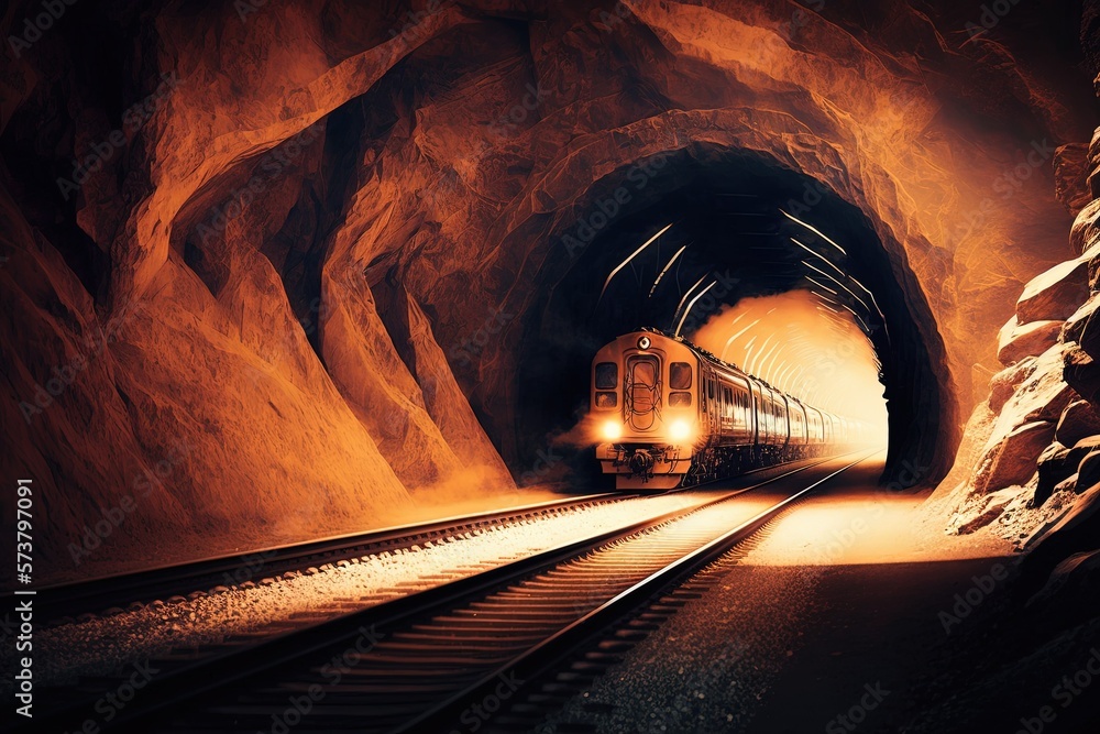 Poster rails run through an underground mining tunnel. generative ai