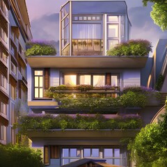 Fototapeta premium 5 A house with a balcony and a view of the city 3_SwinIRGenerative AI