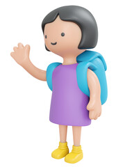 3D Rendering happy girl waving hand say hello with backpack isolated on white cartoon style. 3D Render illustration.