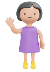 3D Rendering happy girl waving hand say hello isolated on white cartoon style. 3D Render illustration.