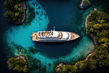 Fototapeta na wymiar Drone's eye view photograph of a wooden decked luxury yacht anchored in a stunning blue island bay. Generative AI