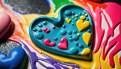  a close up of a heart shaped cookie on top of a colorful table cloth with hearts on it and a heart shaped cookie on top.  generative ai