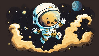  a cartoon of an astronaut floating in the sky above the clouds and planets, with a bear in the space between the clouds and the clouds.  generative ai