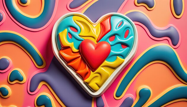  a heart shaped cookie with a colorful background and swirls of paint in the shape of a heart on a pink, blue, orange, yellow, pink, and purple, and orange background.  generative ai