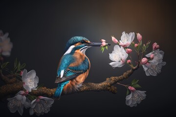 close up cute Kingfisher bird in warm spring time on cherry blossom tree branch, idea for romantic lovely animal background, Generative Ai
