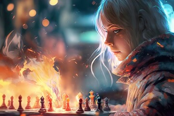 fantasy theme illustration of a woman playing chess game with glitter glow magic light, Generative Ai