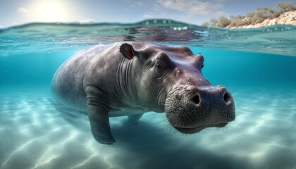 A hippo enjoying a leisurely swim - obrazy, fototapety, plakaty