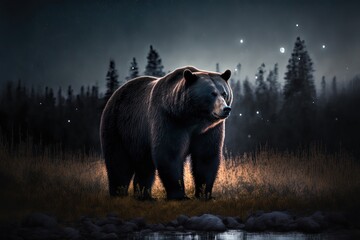 Obraz na płótnie Canvas Illustration of a big black bear in national park at night time, Generative Ai