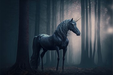 illustration of black unicorn stand in dark dim light forest, Generative Ai