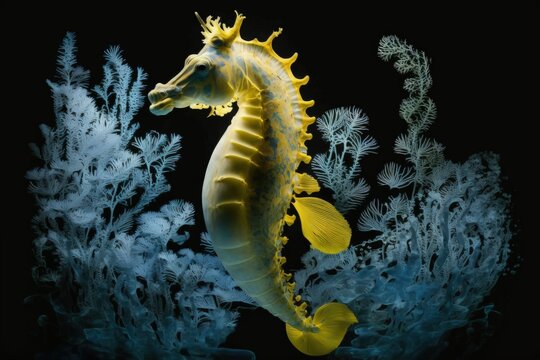 Yellow seahorse with sharp spines floats in the ocean (Hippocampus jayakarai). Generative AI