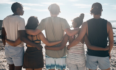 Friends, back or standing hug by beach, ocean or sea in social gathering, group vacation or relax...