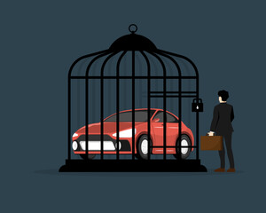 Debt personal car concept, Car inside lock cage with businessman, Digital marketing illustration.