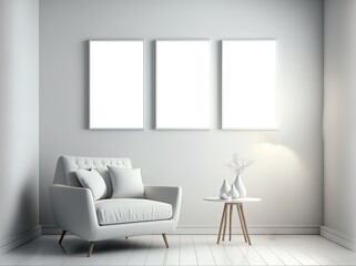 illustration of mock-up wall decor frame is hanging in minimal style, empty frame in living room, Generative Ai