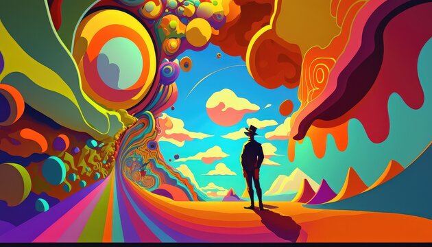 A digital or 3D render image of a person exploring a surreal and psychedelic world, with vibrant colors and abstract shapes, in the style of Peter Max.