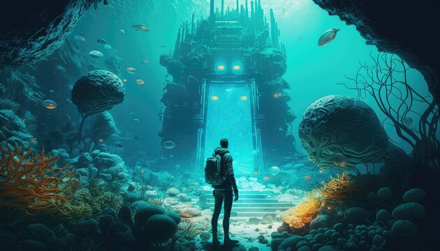 A digital or 3D render image of a person exploring an underwater city with coral reefs and exotic marine life, with a sci-fi twist, in the style of James Cameron.