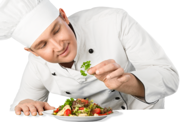 Portrait of a male chef cook preparing salad  isolated on a white background