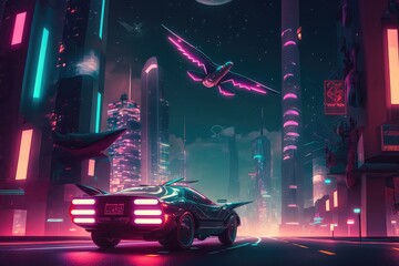 A futuristic cityscape with flying cars and towering skyscrapers, with a color scheme inspired by cyberpunk art, 3D render or digital.