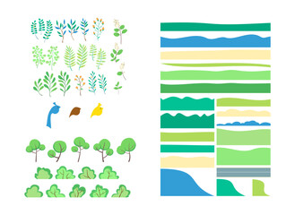 Set of vector illustrations in geometric flat style - flowers, leaves, hills, bushes and trees.