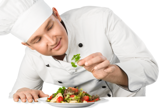 Portrait of a male chef cook preparing salad  isolated on a white background