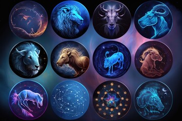 Set of magical zodiac signs in universe, Generative AI