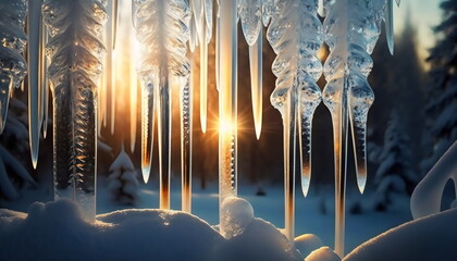 golden sun shining through icicles on a cold winter morning, made with generative ai