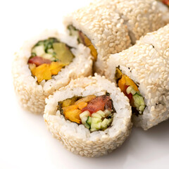 Sushi rolls with pepper, cucumber and salmon. Uramaki in sesame. Japanese food. Seafood dishes. Low calorie food. Fitness roll. White background. Top view. Close-up. Soft focus. 