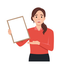 Happy beautiful young woman holding or showing a blank clipboard and showing hand to copy space side away. Flat vector illustration isolated on white background