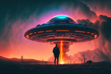 UFO come to visit earth, landing on forest ground, Generative Ai