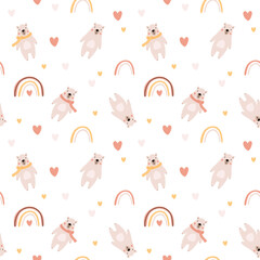 Cute bear seamless pattern. polar bear with hearts and rainbows. Kawaii cartoon character. Baby greeting card template. Notebook cover, tshirt.